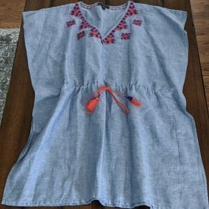 J. CREW Blue Chambray Linen Embroidered Tassel Swim Coverup Dress NWOT